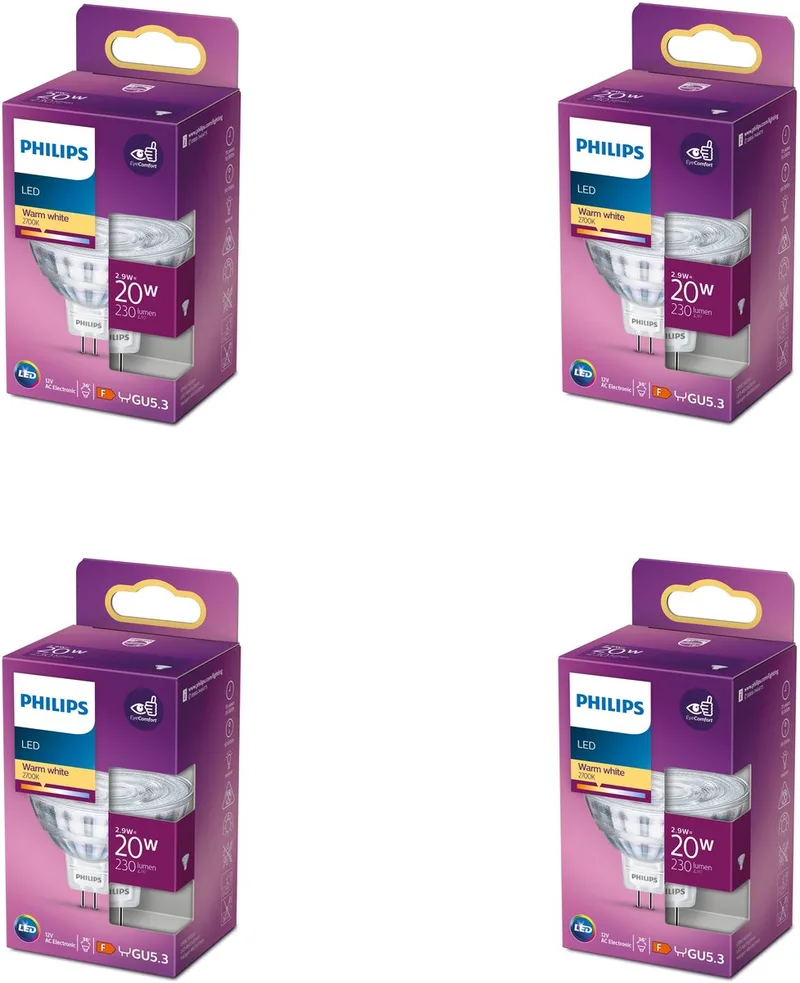 Voordeelverpakking - GU5.3 - LED Spotlamp (MR16) - 12V - 20W - Niet Dimbaar - Warmwit Licht - Set van 4 Stuks fra Philips – produktbillede