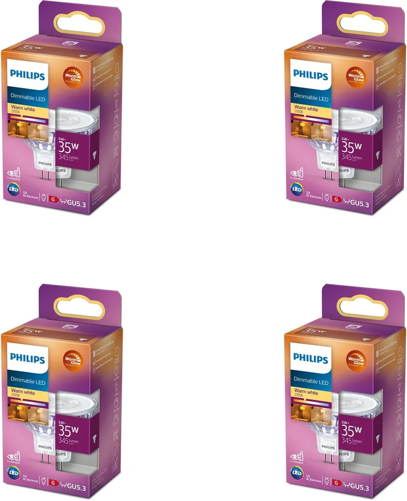 Voordeelverpakking - GU5.3 - LED Spotlamp (MR16) - 12V - 35W - Dimbaar - Warmwit Licht - Set van 4 Stuks van Philips – productfoto