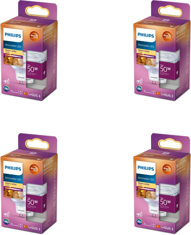 Voordeelverpakking - GU5.3 - LED Spotlamp (MR16) - 12V - 50W - Dimbaar - Warmwit Licht - Set van 4 Stuks de Philips – photo produit