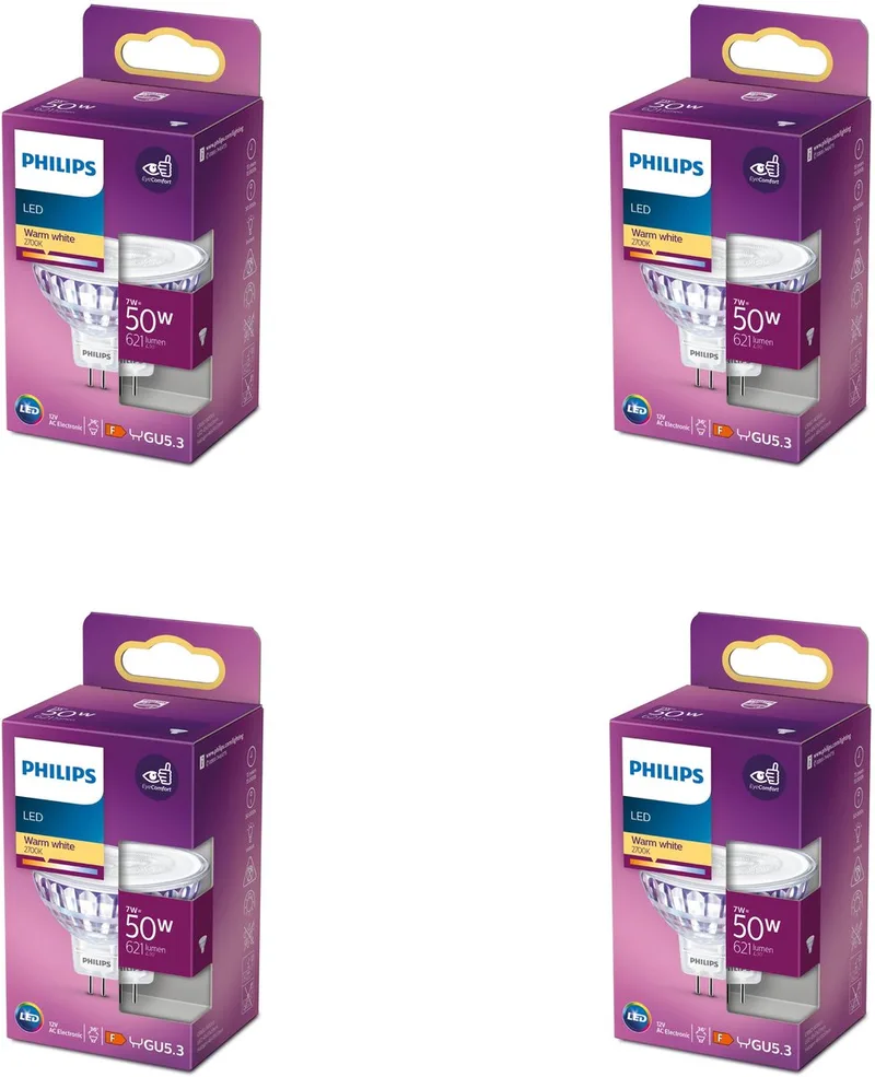 Voordeelverpakking - GU5.3 - LED Spotlamp (MR16) - 12V - 50W - Niet Dimbaar - Warmwit Licht - Set van 4 Stuks van Philips – productfoto