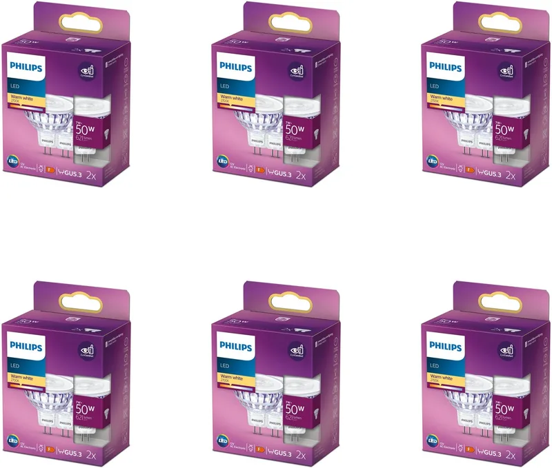 Voordeelverpakking - GU5.3 - LED Spotlamp (MR16) - 12V - 50W - Niet Dimbaar - Warmwit Licht - Set van 12 Stuks van Philips – productfoto