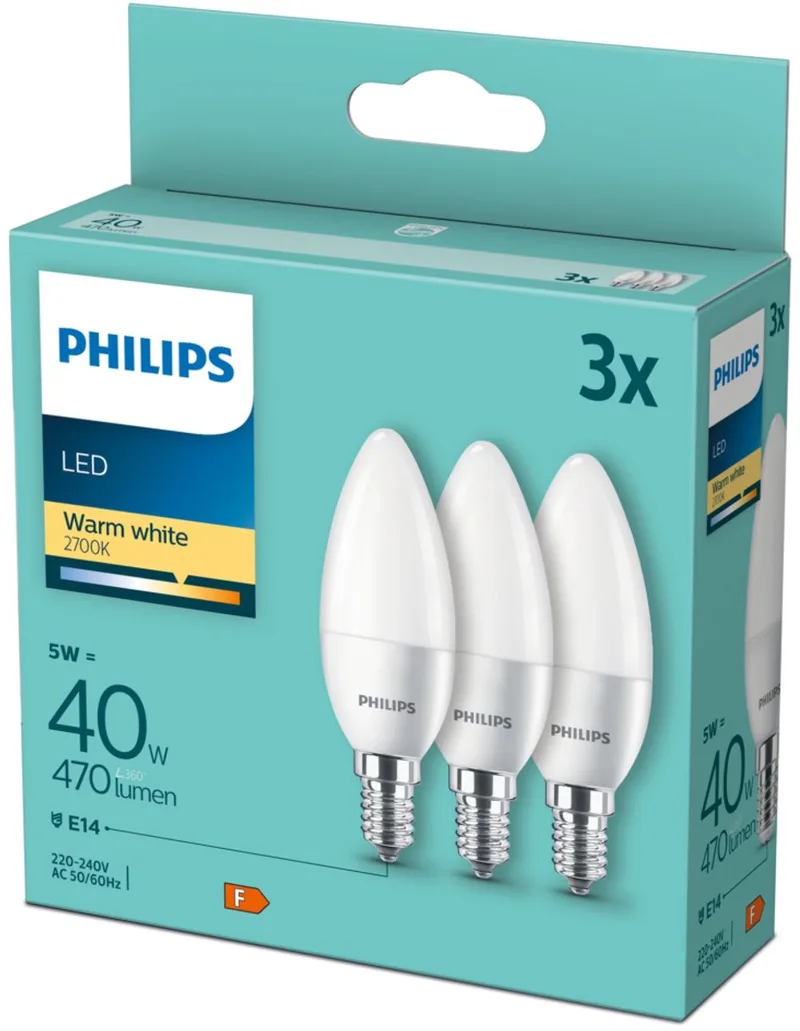 Voordelpak 3 stuks Philips LED Kaarslamp E14 5W - 2700K 470lm 230V - Mat - B35 - Vervangt 40W - Warm Wit Licht by Philips – product photo