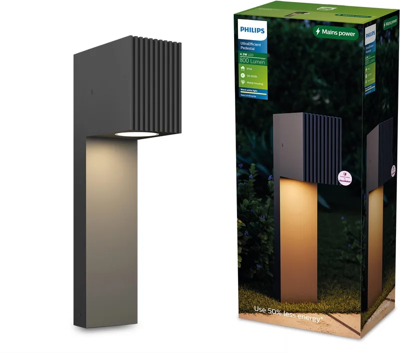 Voro UltraEfficient Sokkellamp - Buitenlamp - Warmwit licht: 2700K - Weerbestendig: IP44 - 4.3W - Vierkant by Philips in Anthracite – product photo 1 of 2