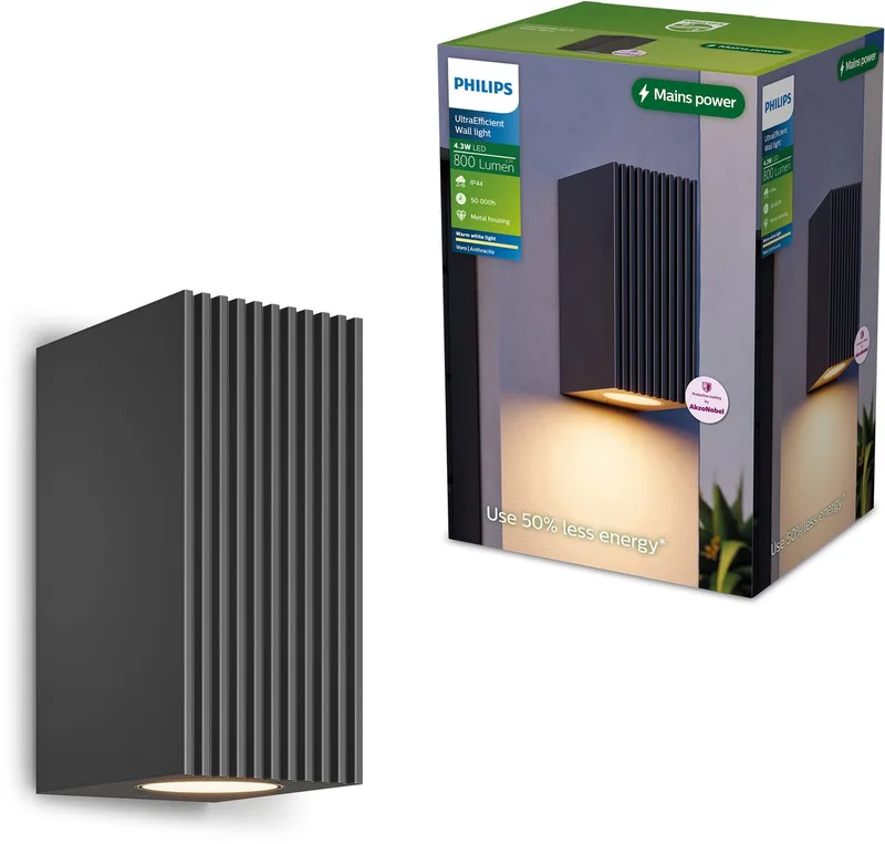Voro UltraEfficient Wandlamp - Buitenlamp - Warmwit licht: 2700K - Weerbestendig: IP44 - 4.3W - Rechthoekig by Philips in Anthracite – product photo