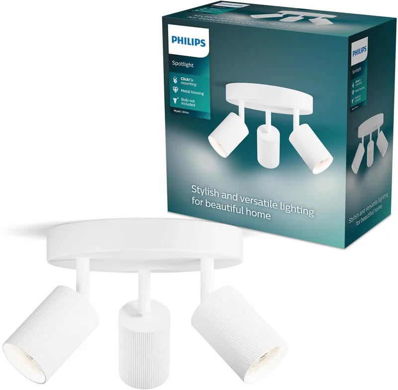 Wyatt Aufbauspot, LED GU10 Fassung, richtbar, 3 Lichtpunkte, runde Grundplatte, ClickFix von Philips in Weiß – Produktfoto