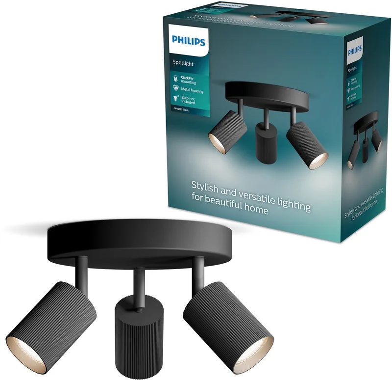 Wyatt Opbouwspot - LED GU10 fitting - Richtbaar - 3 lichtpunten - Ronde basisplaat - ClickFix fra Philips i Sort – produktbillede