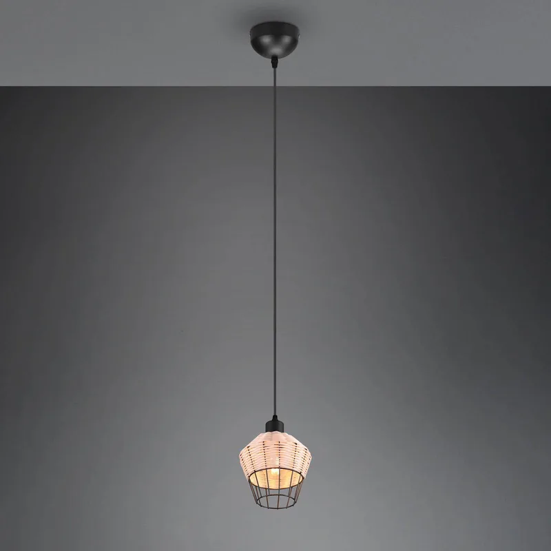 Borka hanglamp, 1-lamp, Ø 17,5 cm, Natur de Reality en Noir, Licht hout – photo produit