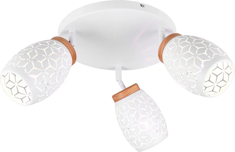 Deckenleuchte BIDAR, Deckenlampe mit 3 schwenkbaren Spots, exkl 3x E14 max 10W, Leuchtmittel wechselbar, warmweiß - kaltweiß, Metall-Lampenschirm mit Lasercut Muster und Holz-Dekoelement Ø 58cm von Reality in Weiß – Produktfoto