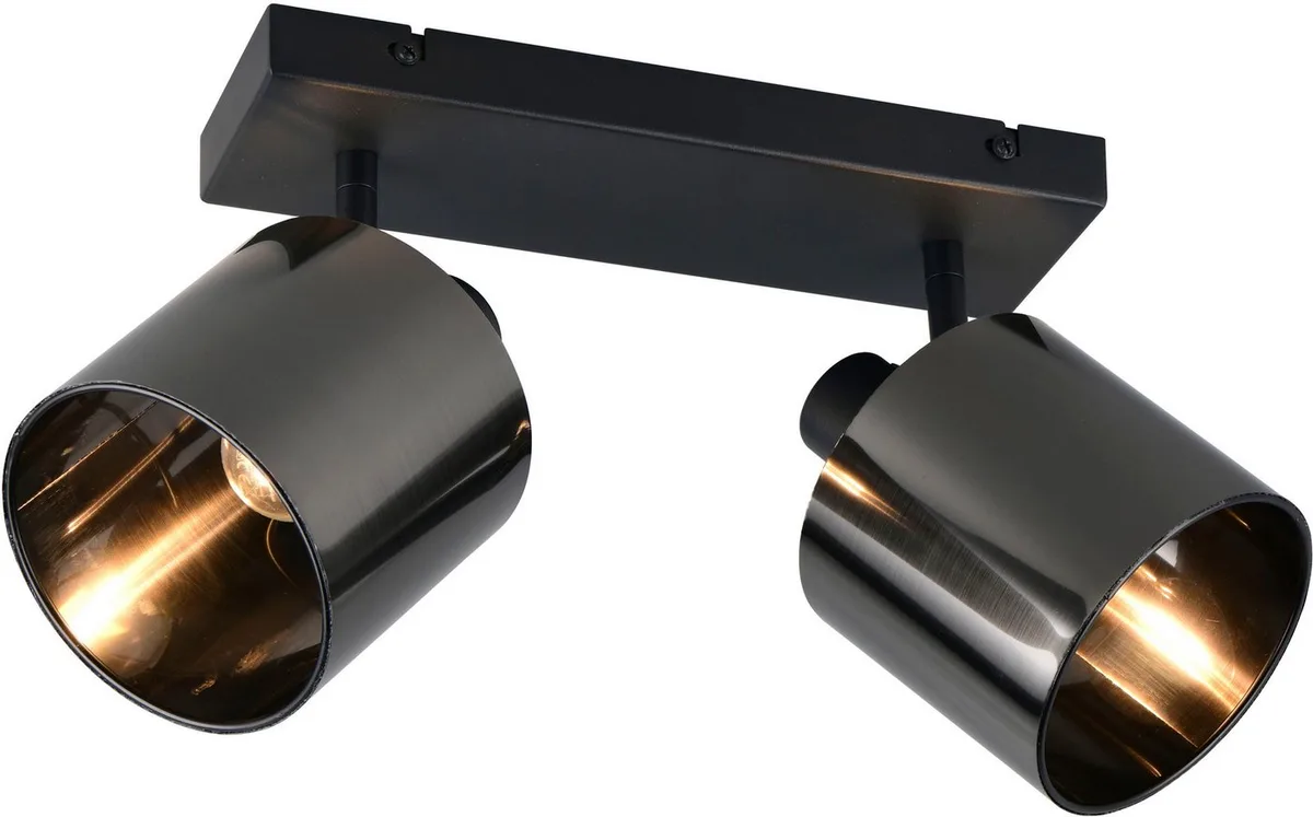 Deckenleuchte JASON, Deckenlampe 2-flammig exkl 2x E14 max 10W, 36x22x12 cm (B/H/T), Leuchtmittel wechselbar, warmweiß - kaltweiß, 2 verstellbare Strahler, Metall schwarz, Lampenschirm rauchgrau von Reality in Grau, Schwarz – Produktfoto