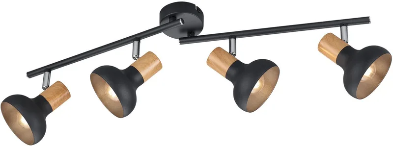 Deckenstrahler LATIKA, Strahler 4-flammig, exkl 4x E14 max 10W Deckenspot schwenkbar, Leuchtmittel wechselbar, warmweiß - kaltweiß, 2 schwenkbare Arme, Metall und Holzoptik Lackierung, Spot Licht by Reality in Black – product photo