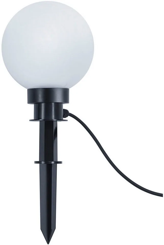 Gartenleuchte BOLO, Kugelleuchte Garten Outdoor Aussenleuchte, IP44 Schutz, Leuchtmittel wechselbar, warmweiß - kaltweiß, exkl. 1xE27 max 23W, inkl. Erdspieß, Anschlusskabel mit Stecker by Reality in Black, White – product photo