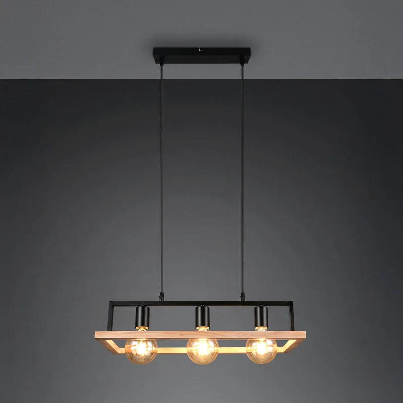 Hanglamp Bano, hout/zwart, lengte 58 cm, metaal, 3-lamps. från Reality i Zwart mat, Hout – produktbild