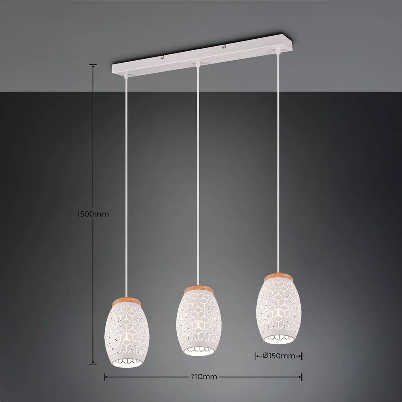 Hanglamp Bidar, lengte 71 cm, 3-lamps, metaal van Reality in Wit mat – productfoto