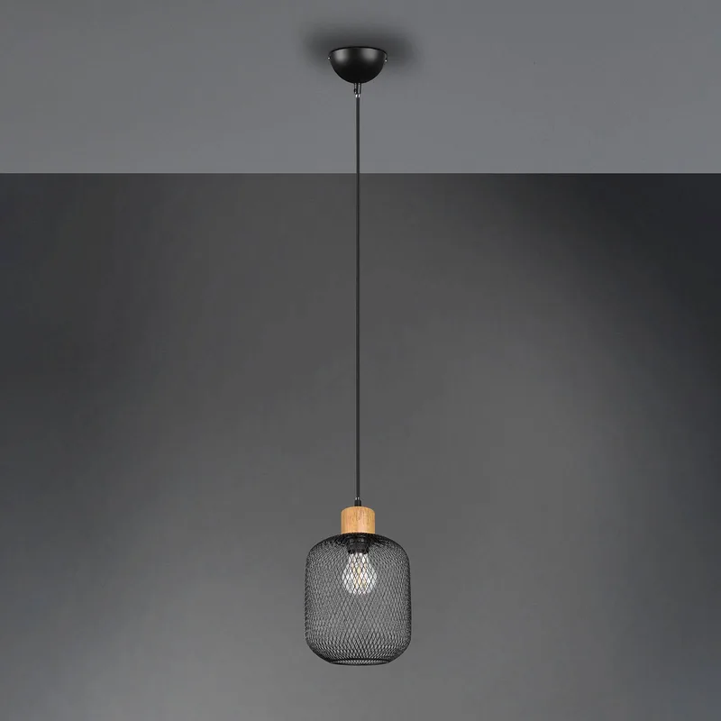 Hanglamp Calimero kooi-look 1-lamp Ø 18 cm fra Reality i Mat zwart, Licht hout – produktbillede