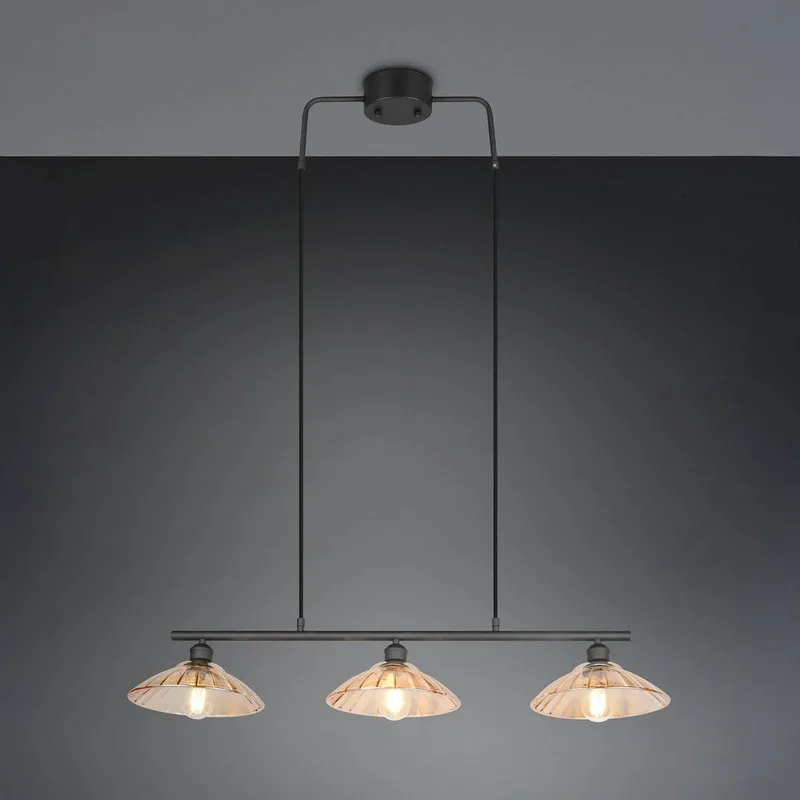 Hanglamp Eluna, amber/zwart, 100 cm, glas/metaal, 3-lamps. von Reality in Amber, Schwarz – Produktfoto