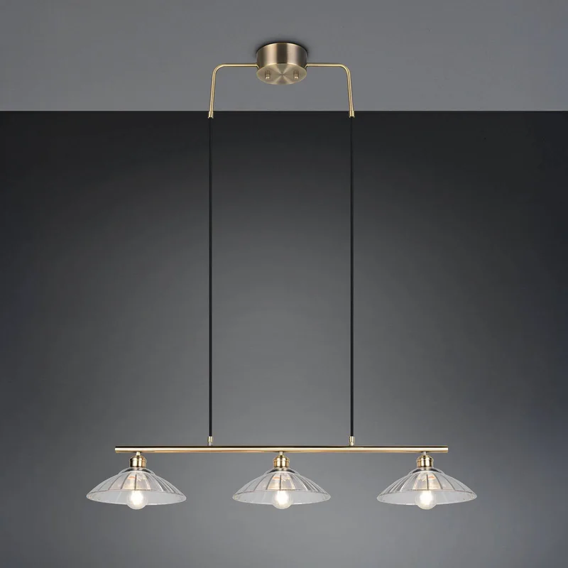 Hanglamp Eluna, helder/oud messing, 100 cm glas/metaal 3-lamps. fra Reality i Helder, Oud messing – produktbillede