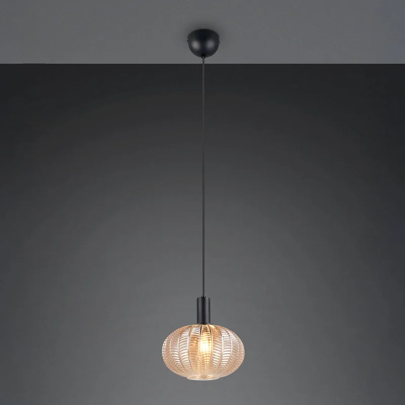 Hanglamp Elvezia, amber, Ø 26 cm, glas, E27 van Reality in Amber, Zwart – productfoto