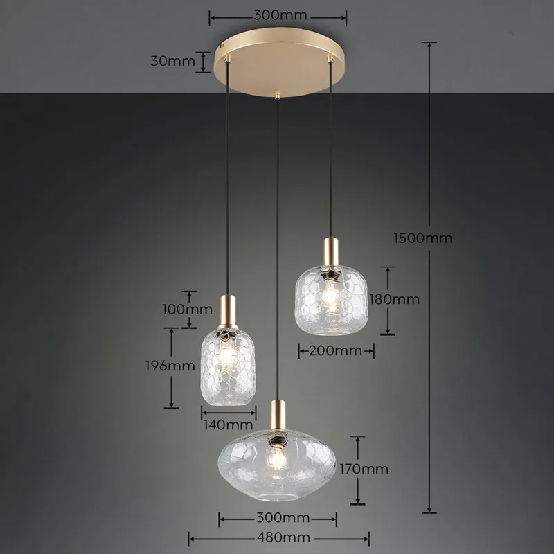 Hanglamp Emelie, 3-lamps, goudkleurig/transparant, metaal, glas, E27 de Reality en Or, Helder – photo produit