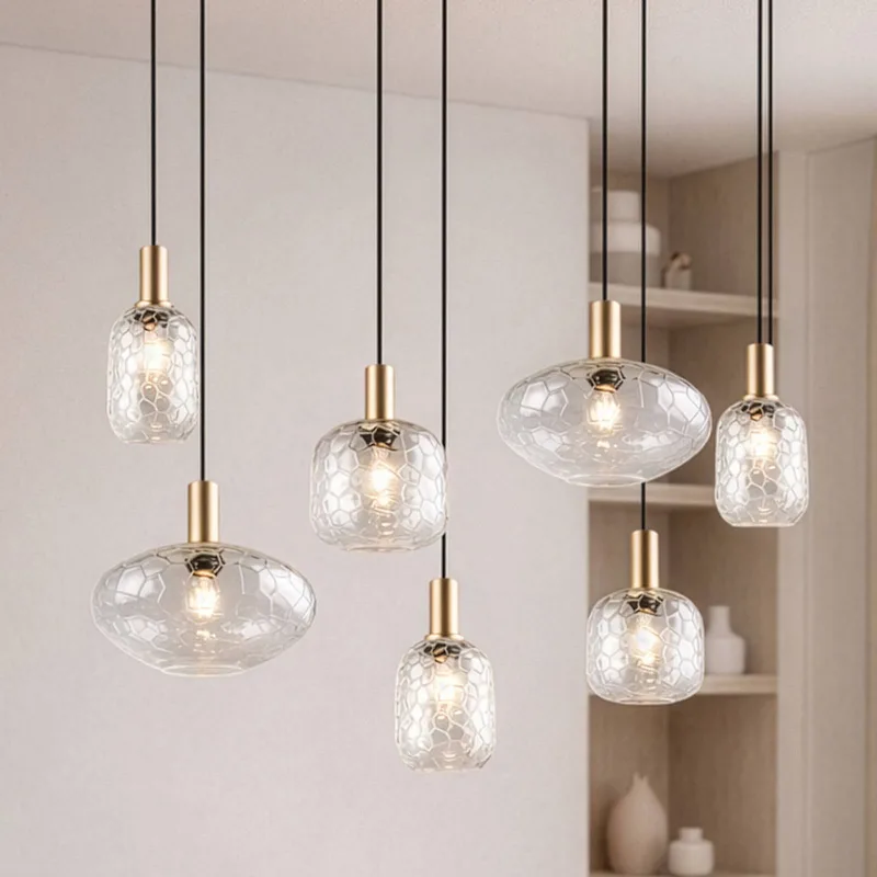 Hanglamp Emelie, 6-lamps, goudkleurig/transparant, metaal, glas, E27 fra Reality i Guld, Helder – produktbillede