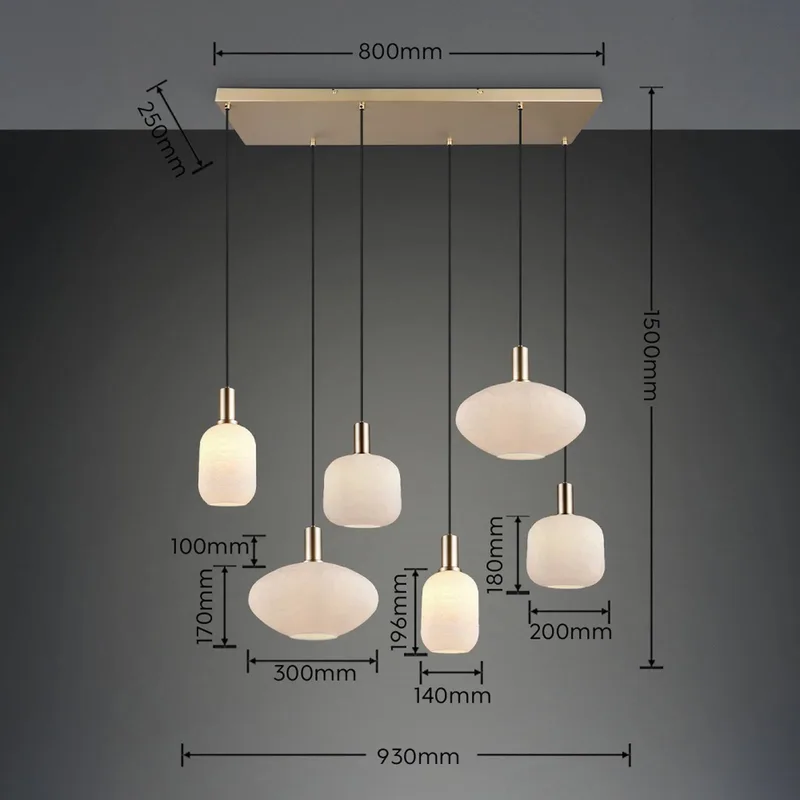 Hanglamp Emelie, 6-lamps, goudkleurig/wit, metaal, glas, E27 de Reality en Or, Blanc – photo produit