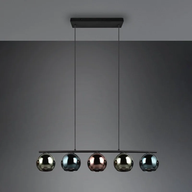 Hanglamp Sheldon met vijf glasbollen från Reality i Svart, Blå, Grön, Koppar – produktbild