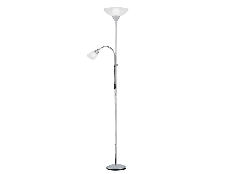 LED Deckenfluter mit flexibler Leselampe, Höhe 180cm, getrennt schaltbar, LED wechselbar, Warmweiß, Stehlampe mit Leselicht zum lesen Designklassiker Wohnzimmer Ecke von Reality in Silber – Produktfoto