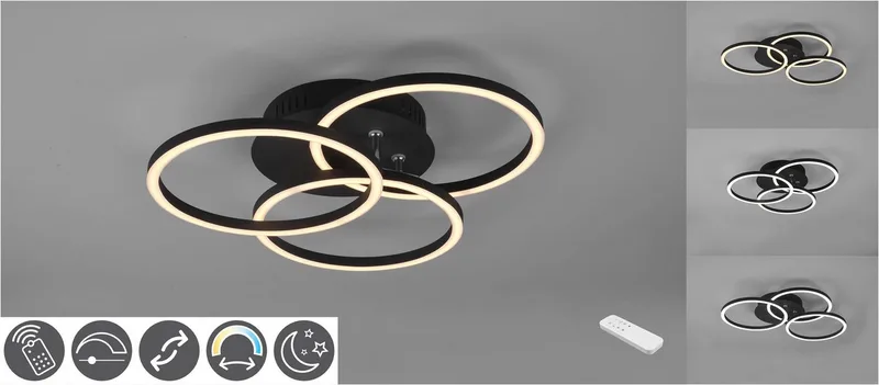 LED Deckenleuchte Circle, Memoryfunktion, Nachtlichtfunktion, LED fest integriert, warmweiß - kaltweiß, Deckenlampe matt mit schwenkbaren Ringen / inkl. Fernbedienung de Reality en Noir – photo produit