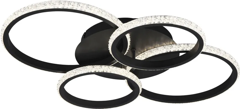 LED Deckenleuchte CIRES, LED Deckenlampe mit 4 schwenkbaren LED-Ringen, kaltweiß 4000K, Dimmfunktion, LED fest integriert, Kaltweiß, 3400 Lumen 27W, in 3 Stufen dimmbar mit Acryl Kristallen verzierte LED von Reality in Schwarz – Produktfoto