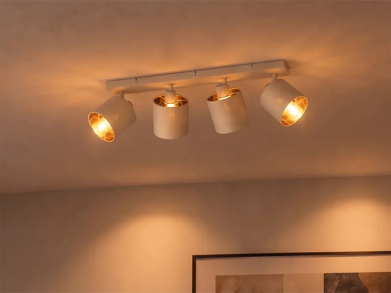 LED Deckenstrahler mit Stoffschirm & E14 LEDs, Breite 70cm, dimmbar, LED wechselbar, Warmweiß, Innen Deckenleuchte 4-flammig, Strahler schwenkbar de Reality en Beige, Marron – photo produit 2 sur 5