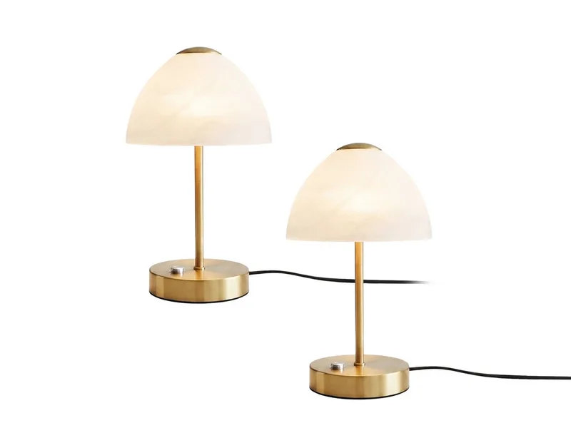 LED Nachttischlampe 2-er SET dimmbar Messing, Höhe 24cm, Dimmfunktion, LED fest integriert, Warmweiß, kleine Designklassiker Tischlampen mit Glas-Schirm Weiß von Reality in Gold – Produktfoto