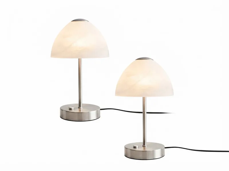 LED Nachttischlampe 2-er SET dimmbar Silber, Höhe 24cm, Dimmfunktion, LED fest integriert, Warmweiß, kleine Designklassiker Tischlampen mit Glas-Schirm Weiß de Reality en Argent – photo produit