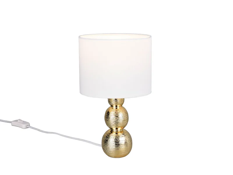 LED Nachttischlampe aus Keramik mit Stoffschirm Weiß H: 29cm, Dimmfunktion, LED wechselbar, warmweiß, Tischlampe Design-klassiker Lampenschirm Stoff & Lampenfuß Gold de Reality en Or – photo produit