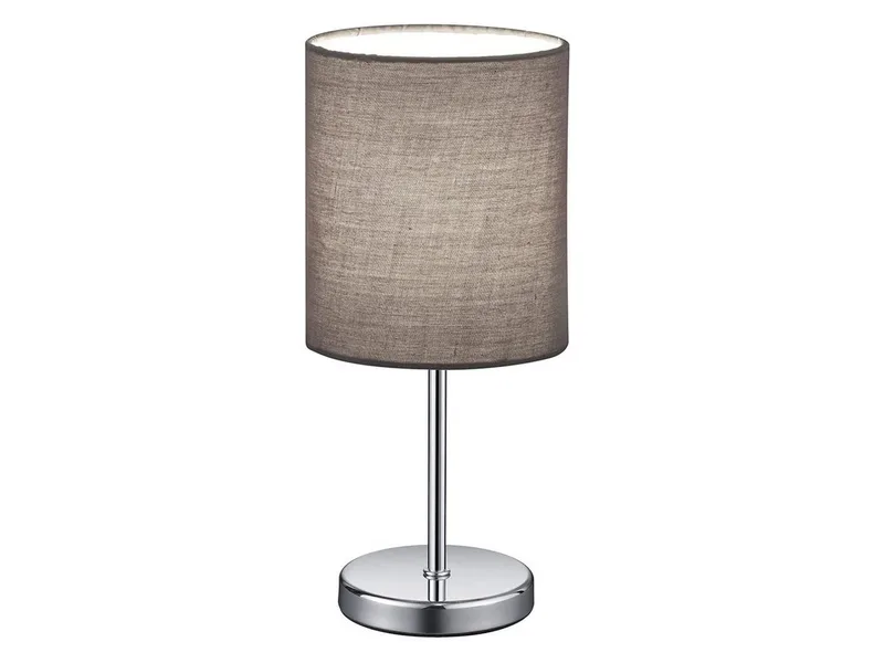 LED Nachttischlampe, Dimmfunktion, LED wechselbar, Warmweiß, kleine Designklassiker dimmbar, Fensterlampe Stoff Lampenschirm Grau von Reality in Grau, Silber – Produktfoto