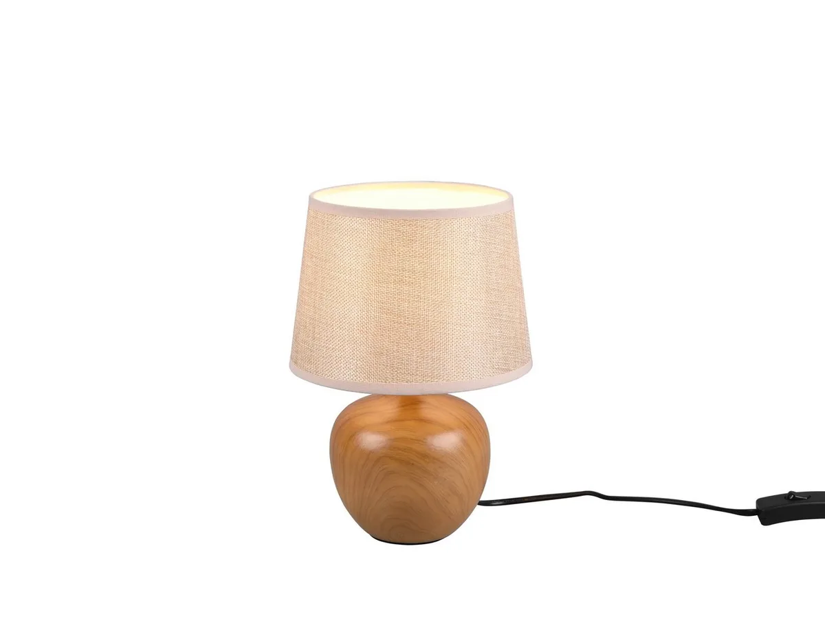 LED Nachttischlampe, Dimmfunktion, LED wechselbar, Warmweiß, klein-e Holz-optik Fensterlampe Fensterbank Lampenschirm Stoff, H 26cm von Reality in Beige, Braun – Produktfoto