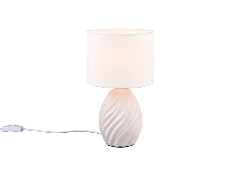 LED Nachttischlampe, Dimmfunktion, LED wechselbar, warmweiß, mit Keramik-fuß & Stoff-schirm für die Fensterbank, Höhe 31cm von Reality in Weiß – Produktfoto