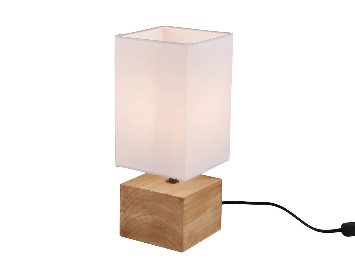 LED Nachttischlampe mit Holzfuß & Stoffschirm, Höhe 30cm, dimmbar, LED wechselbar, Warmweiß, eckige Tischlampe skandinavisch für die Fensterbank, inkl. E14 LED by Reality in White – product photo