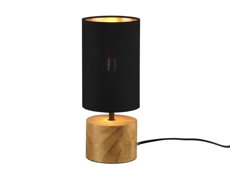 LED Nachttischlampe mit Holzfuß & Stoffschirm, Höhe 30cm, dimmbar, LED wechselbar, Warmweiß, runde Tischlampe skandinavisch für die Fensterbank, inkl. E14 LED von Reality in Schwarz – Produktfoto