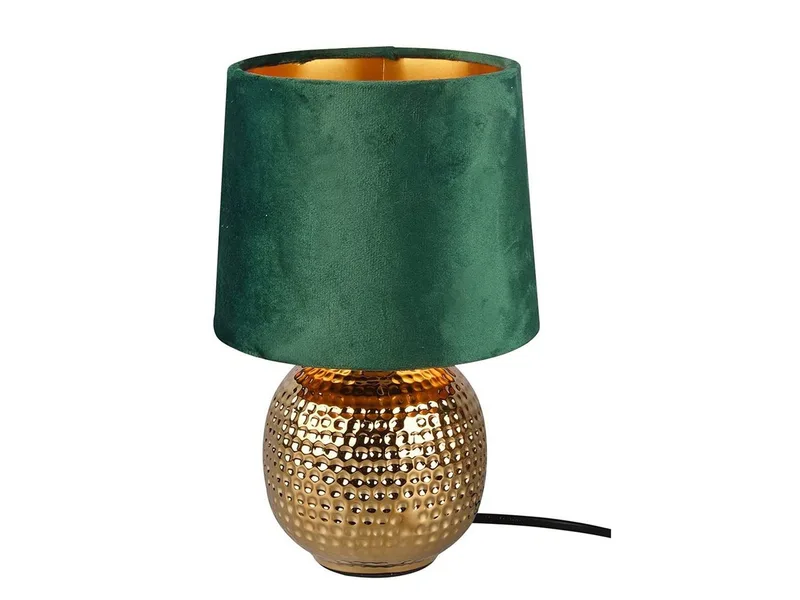 LED Nachttischlampe mit Keramikfuß & Samtschirm, Höhe 26cm, dimmbar, LED wechselbar, Warmweiß, kleine gemütliche Retro Tischleuchte für Fensterbank, inkl. E14 LED by Reality in Gold, Green – product photo
