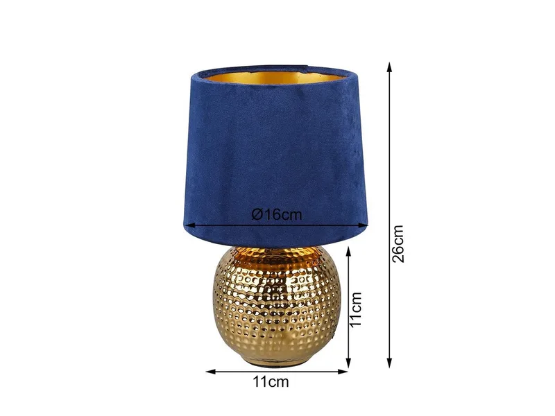 LED Nachttischlampe mit Keramikfuß & Samtschirm, Höhe 26cm, dimmbar, LED wechselbar, Warmweiß, kleine gemütliche Retro Tischleuchte für Fensterbank, inkl. E14 LED de Reality en Bleu, Or – photo produit 4 sur 5