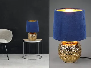 LED Nachttischlampe mit Keramikfuß & Samtschirm, Höhe 26cm, dimmbar, LED wechselbar, Warmweiß, kleine gemütliche Retro Tischleuchte für Fensterbank, inkl. E14 LED de Reality en Bleu, Or – photo produit 2 sur 5