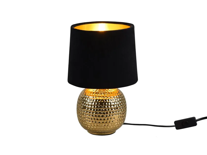 LED Nachttischlampe mit Keramikfuß & Samtschirm, Höhe 26cm, dimmbar, LED wechselbar, Warmweiß, kleine gemütliche Retro Tischleuchte für Fensterbank, inkl. E14 LED von Reality in Gold, Schwarz – Produktfoto