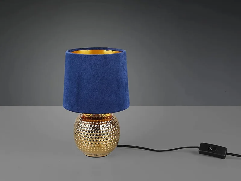 LED Nachttischlampe mit Keramikfuß & Samtschirm, Höhe 26cm, dimmbar, LED wechselbar, Warmweiß, kleine gemütliche Retro Tischleuchte für Fensterbank, inkl. E14 LED de Reality en Bleu, Or – photo produit 3 sur 5