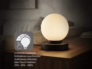 LED Nachttischlampe touch Kugel-Lampe, Höhe 15cm, dimmbar, LED wechselbar, Warmweiß, kleine Tischlampe mit Glas-Kugel, Tischleuchte inkl. E14 LED de Reality en Noir – photo produit 3 sur 5