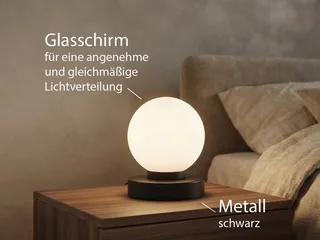 LED Nachttischlampe touch Kugel-Lampe, Höhe 15cm, dimmbar, LED wechselbar, Warmweiß, kleine Tischlampe mit Glas-Kugel, Tischleuchte inkl. E14 LED de Reality en Noir – photo produit 5 sur 5