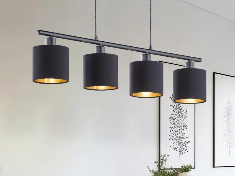 LED Pendelleuchte Stoffschirme Gold, Breite 75cm, dimmbar, LED wechselbar, Warmweiß, mehrflammig, Esstisch-Lampe hängend, Esszimmerlampe inkl. E14 LEDs de Reality en Noir – photo produit 2 sur 5