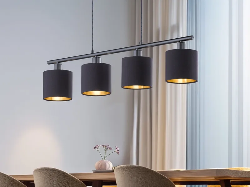 LED Pendelleuchte Stoffschirme Gold, Breite 75cm, dimmbar, LED wechselbar, Warmweiß, mehrflammig, Esstisch-Lampe hängend, Esszimmerlampe inkl. E14 LEDs de Reality en Noir – photo produit 5 sur 5