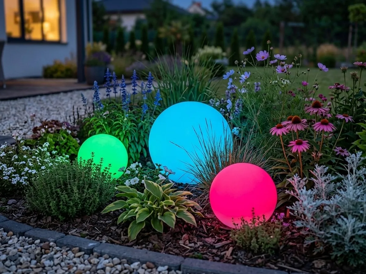 LED Solarleuchte 3er SET Garten Solarkugeln Ø 20cm & 30cm, Farbwechsel dimmbar, LED fest integriert, Warmweiß, Solar Gartenlampen, Kugel-Leuchten, Leuchtkugeln zur Gartenbeleuchtung von Reality in Weiß – Produktfoto