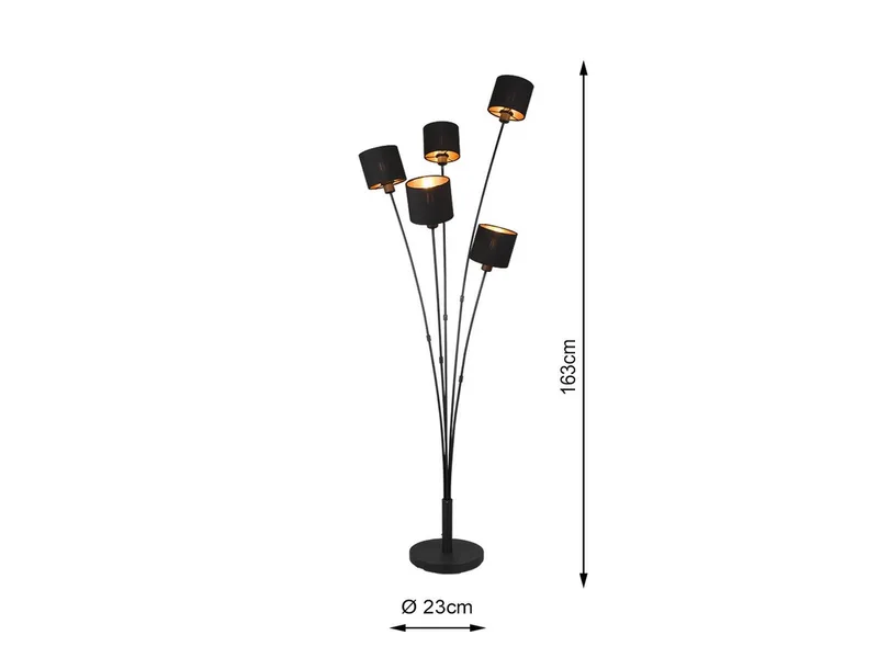 LED Stehlampe 5-flammig mit Stoffschirmen, Höhe 163cm, dimmbar, LED wechselbar, Warmweiß, ausgefallene Stehleuchte, Wohnzimmer Lampe stehend inkl. E14 LEDs van Reality in Zwart – productfoto 4 van 5