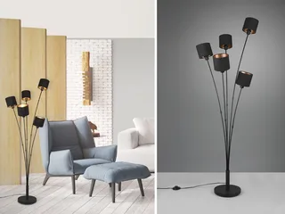 LED Stehlampe 5-flammig mit Stoffschirmen, Höhe 163cm, dimmbar, LED wechselbar, Warmweiß, ausgefallene Stehleuchte, Wohnzimmer Lampe stehend inkl. E14 LEDs van Reality in Zwart – productfoto 2 van 5