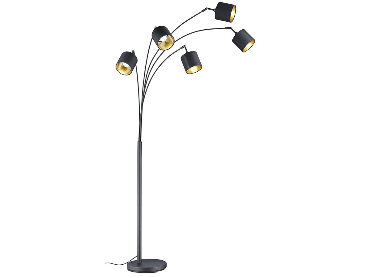 LED Stehlampe 5-flammig mit Stoffschirmen, Höhe 200cm, dimmbar, LED wechselbar, Warmweiß, große Stehleuchte gebogen inkl. E14 LEDs, Wohnzimmer Lampe stehend fra Reality i Sort – produktbillede